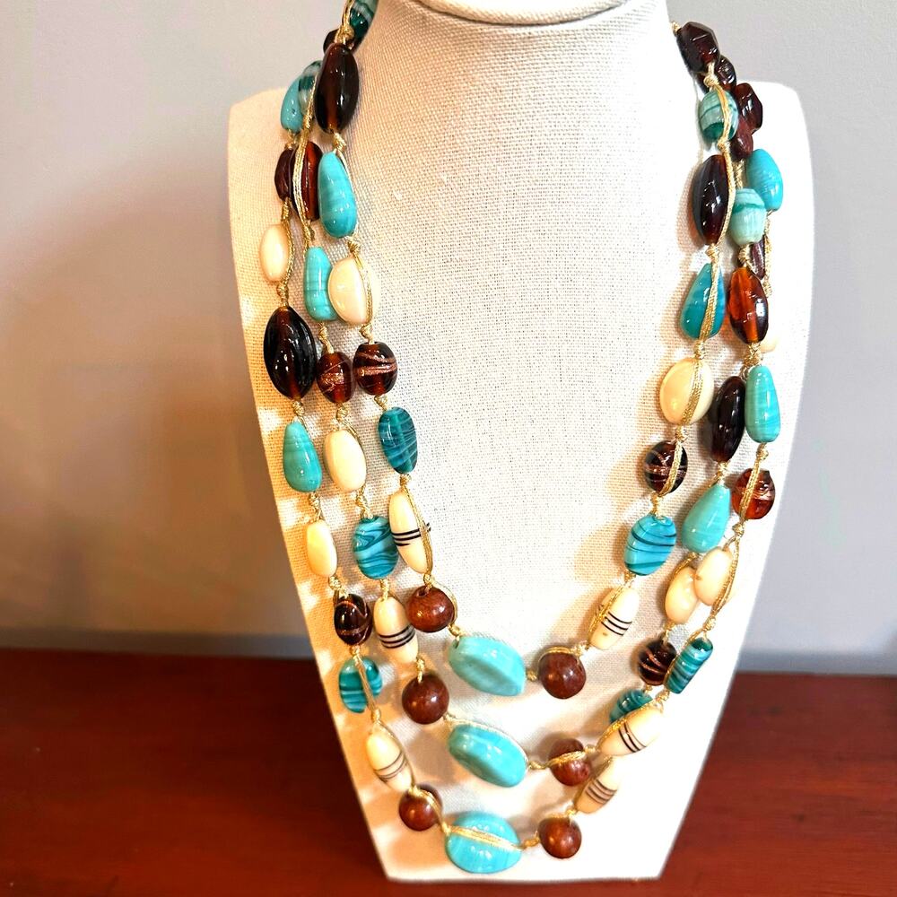 Brown Blue Glass Beaded Necklace Western Statement 20" 22" Long Jewelry Brass